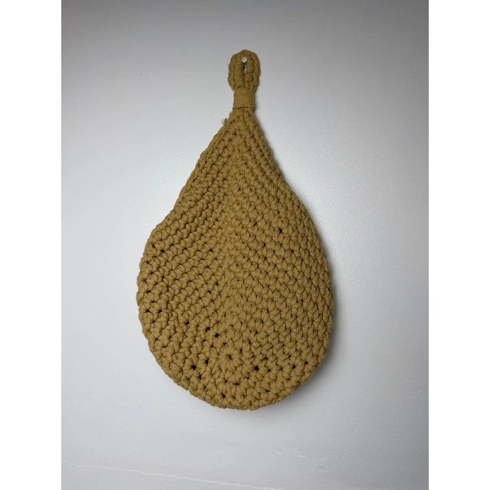 Mustard Yellow Woven Knit Hanging Basket Teardrop Wall Storage Peg Hook Basket